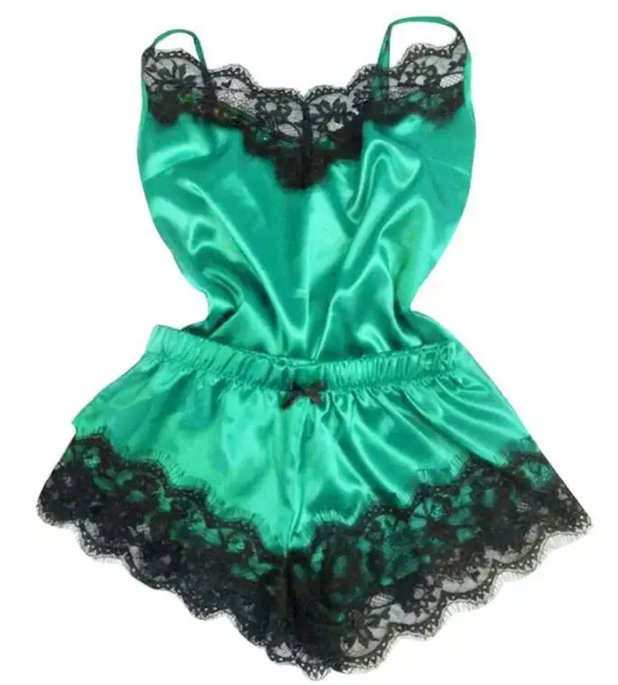 Women Bow Sleepwear Sleeveless Strap Nightwear Lace Trim Satin Cami Top Pajama Sets lingerie pyjamas women