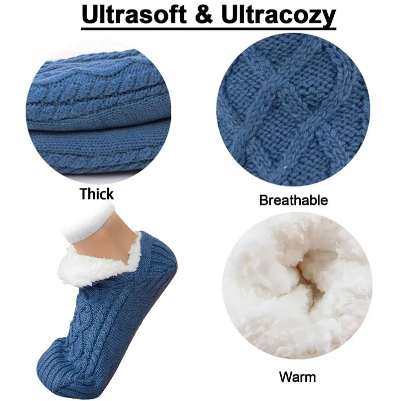 Women Knitted Slipper Socks Cozy  Fuzzy Socks Non Slip Socks Winter Indoor Double Layer Bedroom Slipper Socks