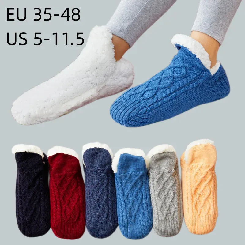 Women Knitted Slipper Socks Cozy  Fuzzy Socks Non Slip Socks Winter Indoor Double Layer Bedroom Slipper Socks