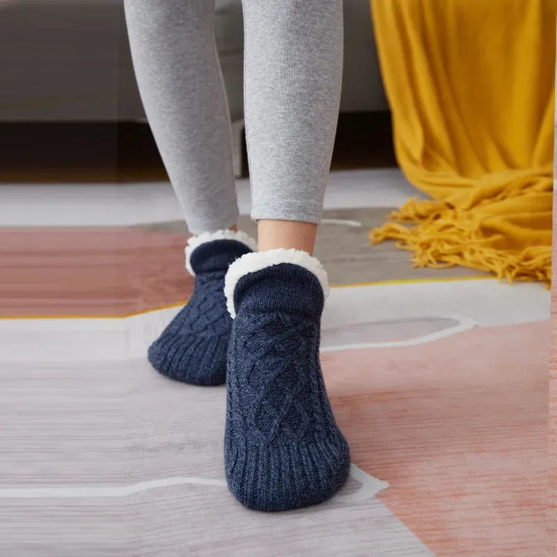 Women Knitted Slipper Socks Cozy  Fuzzy Socks Non Slip Socks Winter Indoor Double Layer Bedroom Slipper Socks
