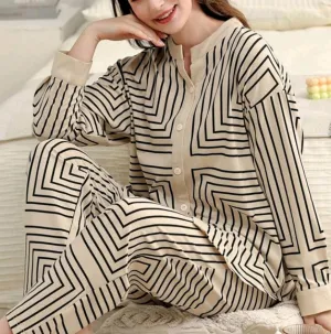 Women Pajamas Set, Long Sleeve Top &amp; Pants, Casual Open Front, For Home Wear