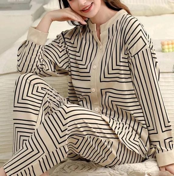 Women Pajamas Set, Long Sleeve Top &amp; Pants, Casual Open Front, For Home Wear