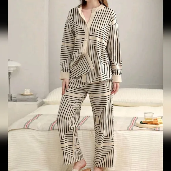 Women Pajamas Set, Long Sleeve Top &amp; Pants, Casual Open Front, For Home Wear