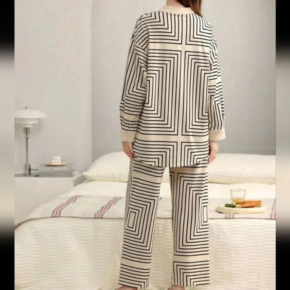 Women Pajamas Set, Long Sleeve Top &amp; Pants, Casual Open Front, For Home Wear