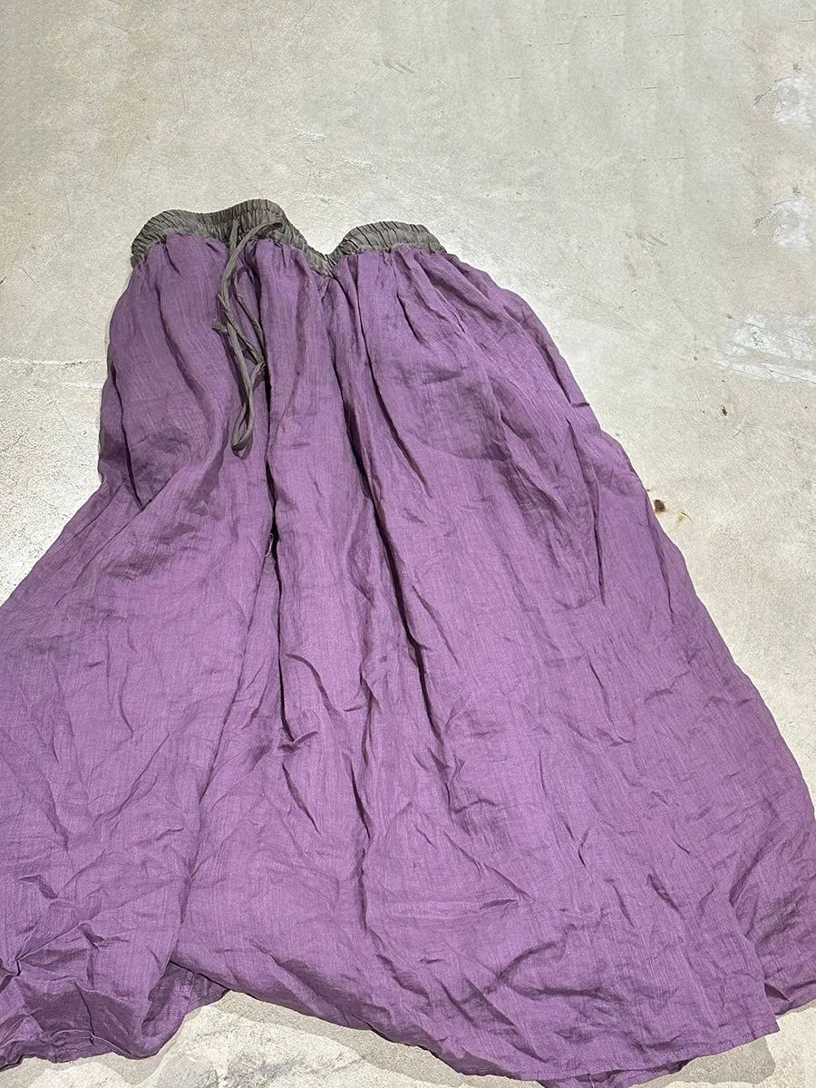 Women Summer Vinage Colorblock Ramie Loose Skirt