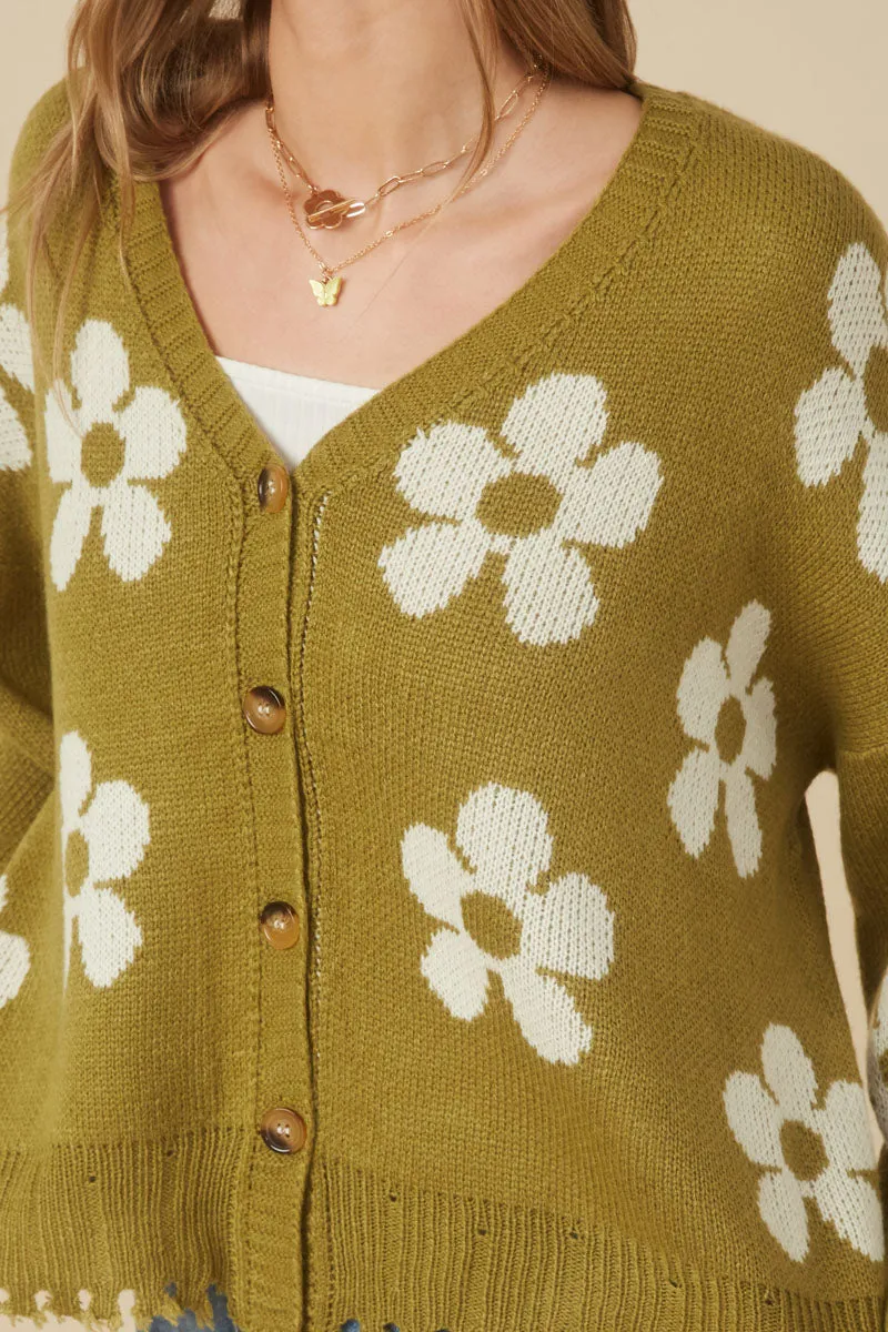 Womens Distressed Floral Patterned Cardigan