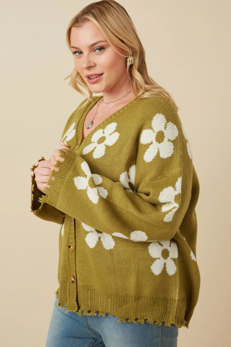 Womens Distressed Floral Patterned Cardigan