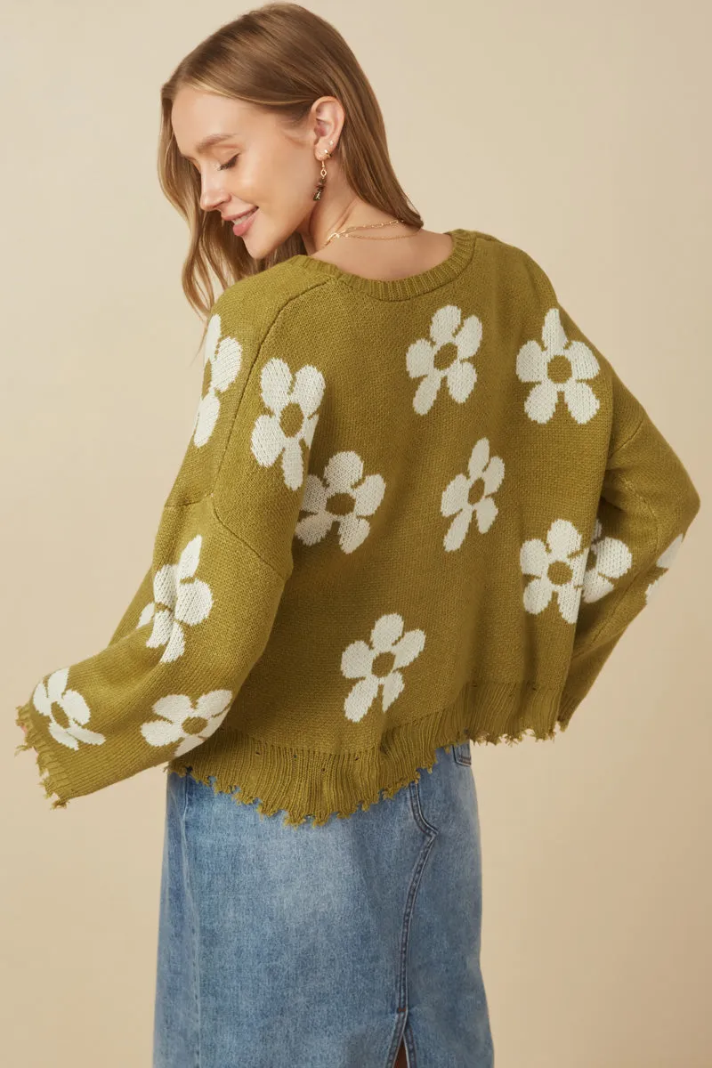 Womens Distressed Floral Patterned Cardigan