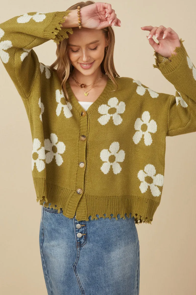 Womens Distressed Floral Patterned Cardigan