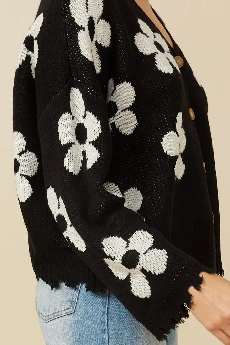 Womens Distressed Floral Patterned Cardigan