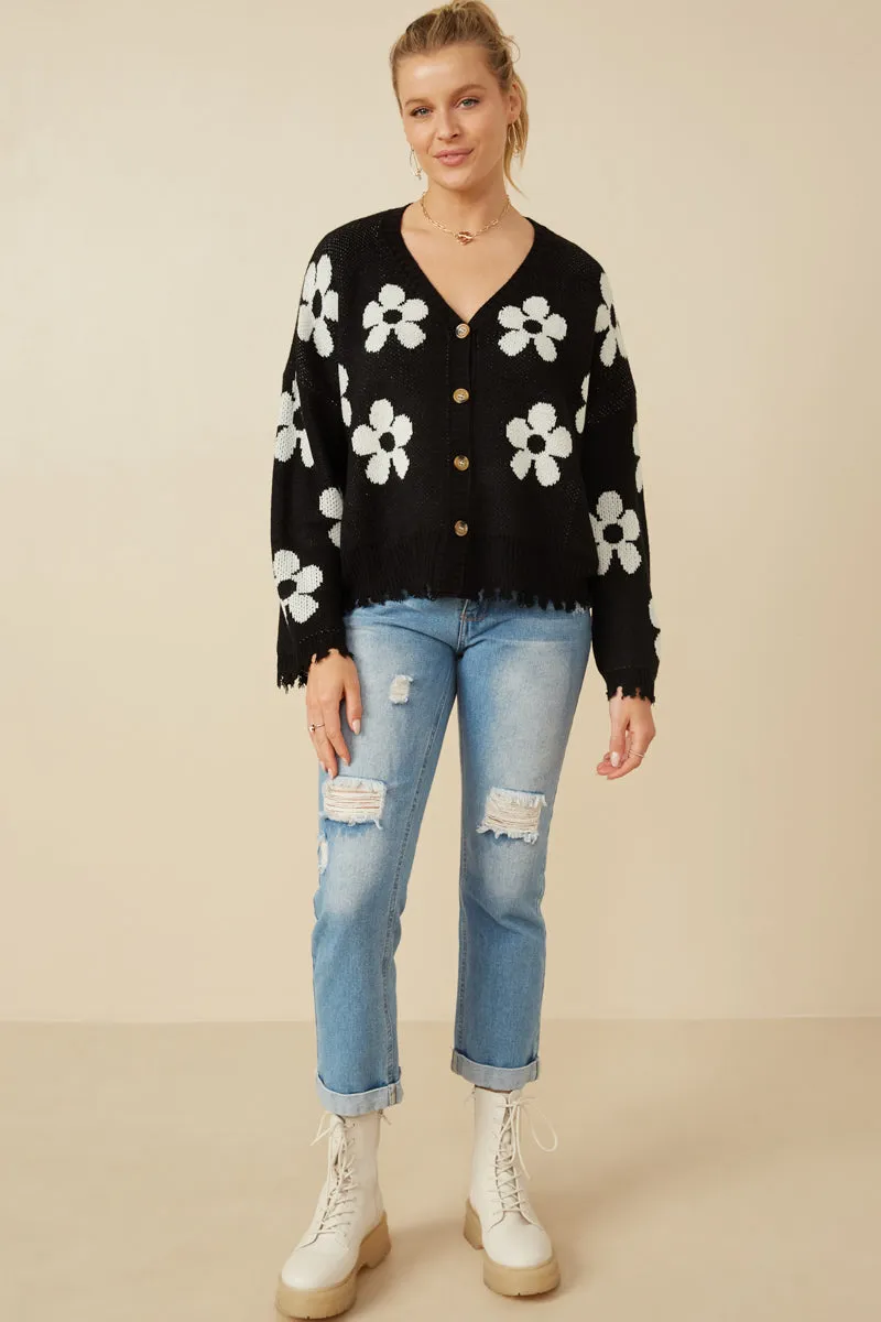 Womens Distressed Floral Patterned Cardigan