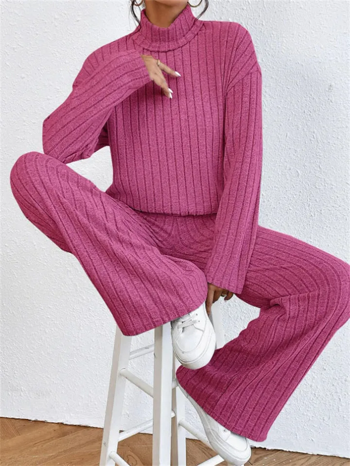 Women's Leisure Home High Collar Knitted Warm Pajamas ( 2 Pieces )