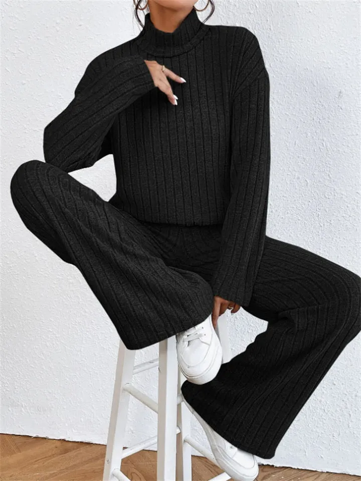 Women's Leisure Home High Collar Knitted Warm Pajamas ( 2 Pieces )