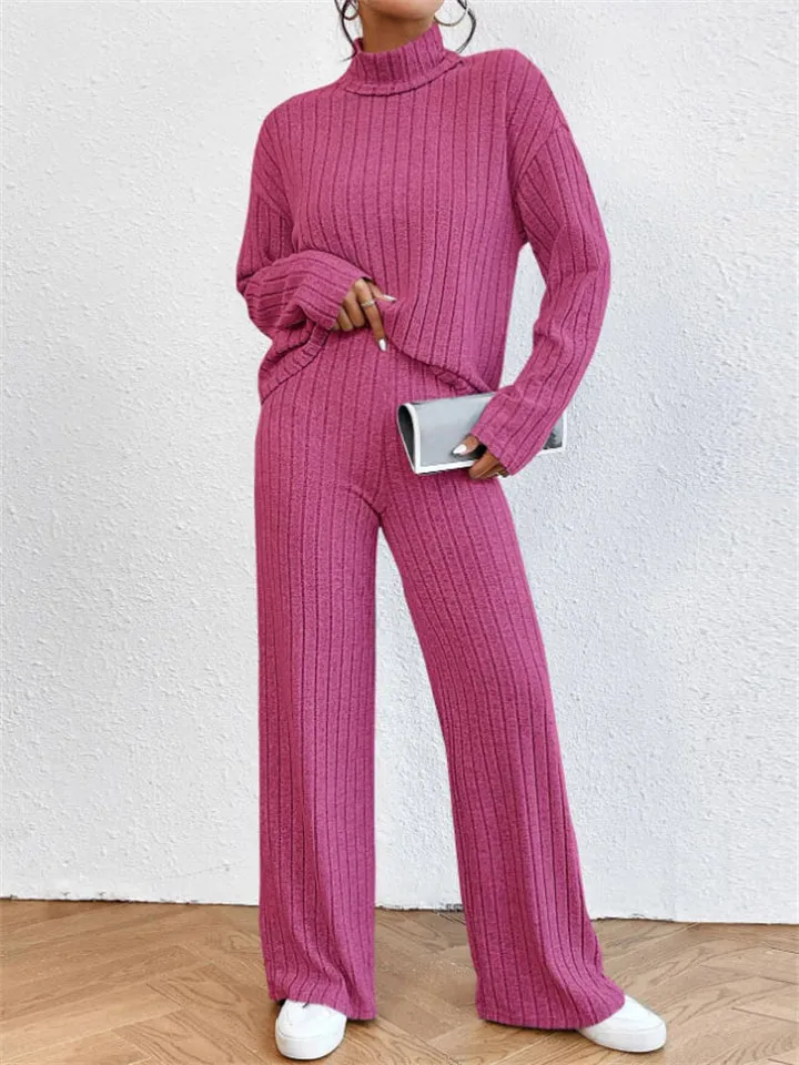 Women's Leisure Home High Collar Knitted Warm Pajamas ( 2 Pieces )