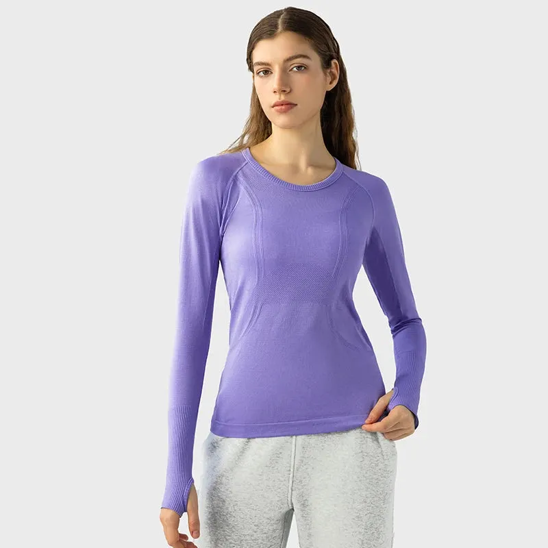Women's Seamless Workout Shirts - Long Sleeve Yoga Tops, Sports Running Fitness T-shirt with Thumb Hole, Gym Athletic Top Slim Fit