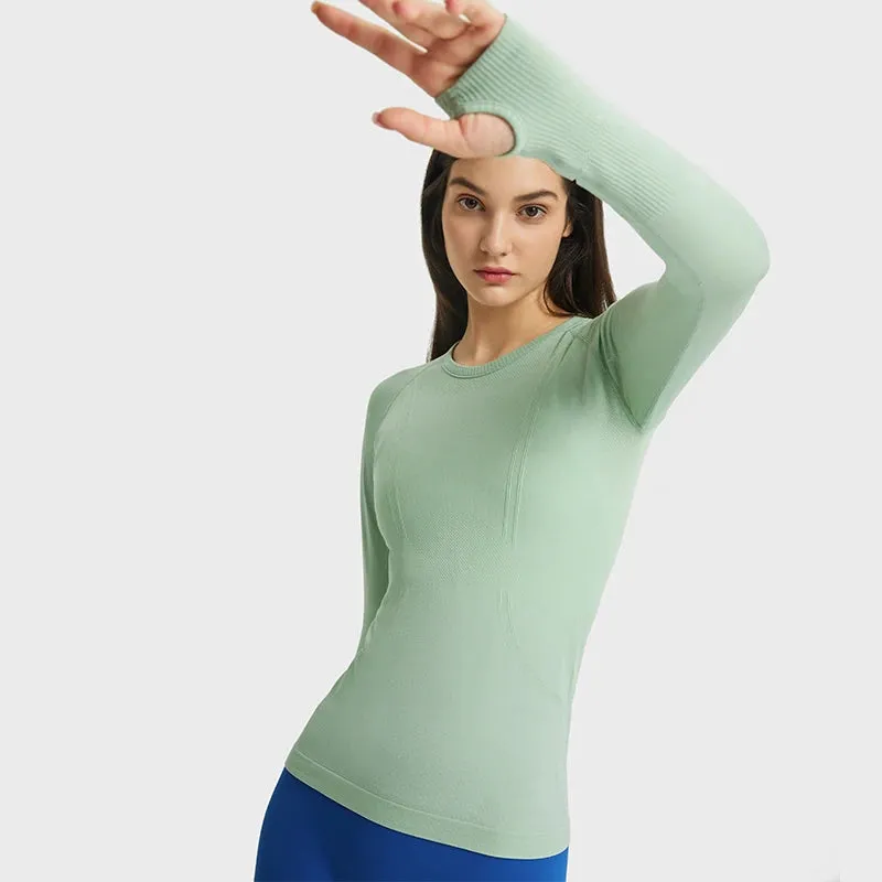 Women's Seamless Workout Shirts - Long Sleeve Yoga Tops, Sports Running Fitness T-shirt with Thumb Hole, Gym Athletic Top Slim Fit