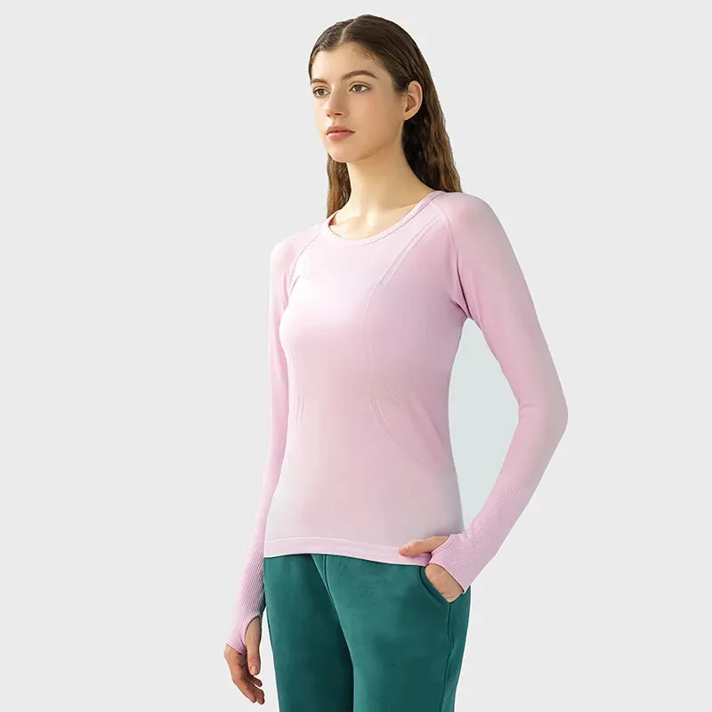 Women's Seamless Workout Shirts - Long Sleeve Yoga Tops, Sports Running Fitness T-shirt with Thumb Hole, Gym Athletic Top Slim Fit