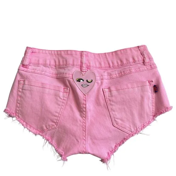 Y2K Micro Barbiecore Spice Girls UK Flag Hot Denim Shorts Sequins Patch Pink 25