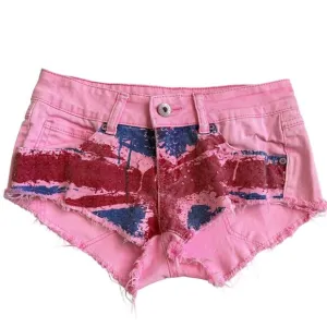 Y2K Micro Barbiecore Spice Girls UK Flag Hot Denim Shorts Sequins Patch Pink 25
