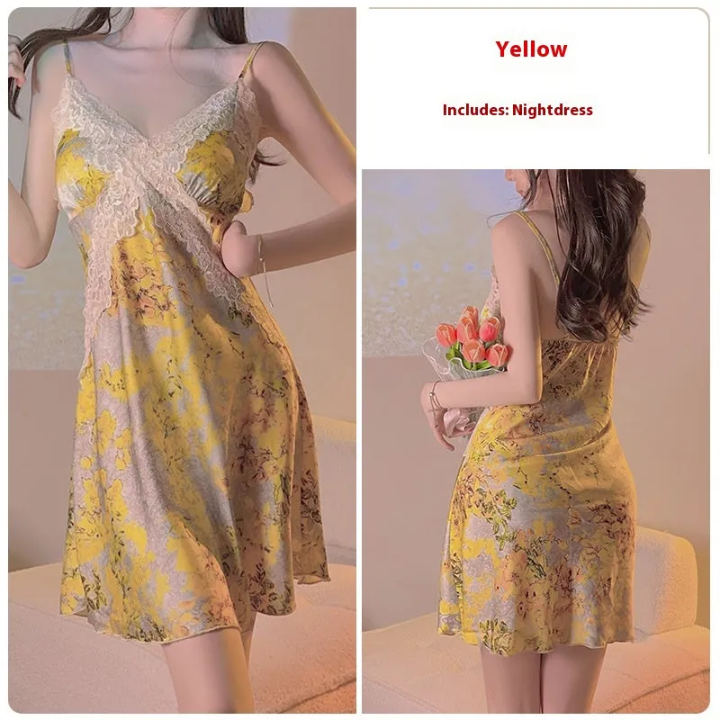Yellow Floral Satin Cross Lace Waist Slimming Nightdress